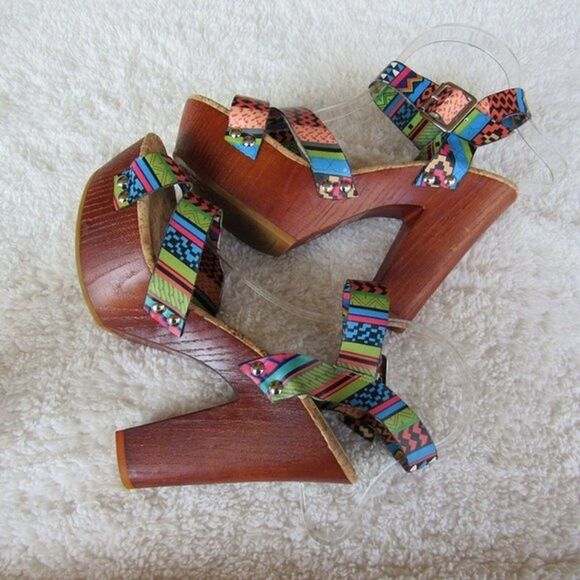 Gianni Bini Chunky High Heels Women's Size 8 Multicolor Tribal Print VGUC - Picture 9 of 14